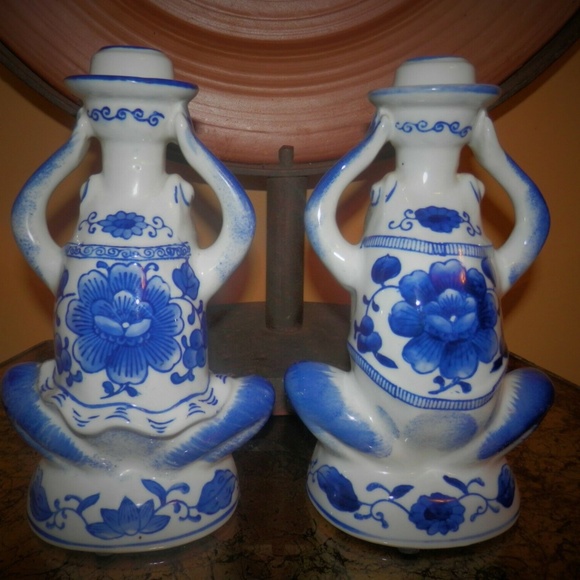 2 TALL BLUE & WHITE CANDLE STICK HOLDERS ~ 9 inch~ - Picture 2 of 4